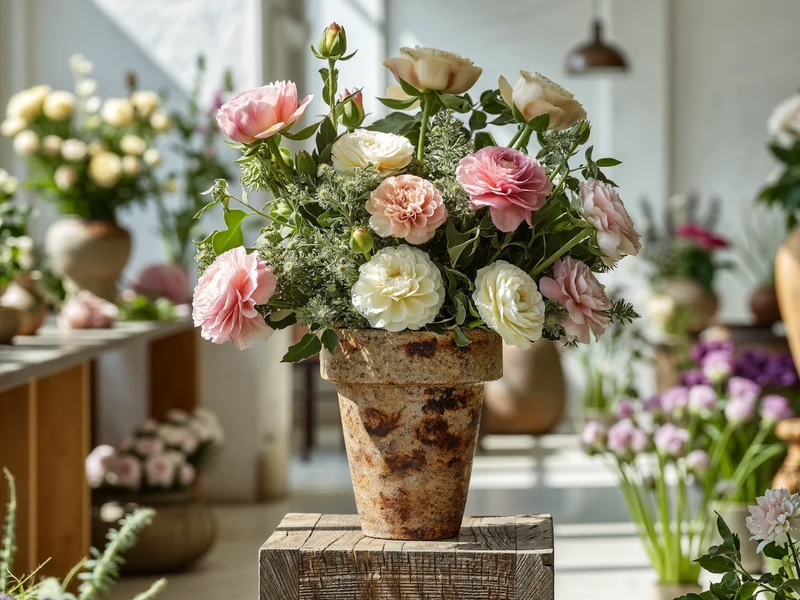Bouquet ample de fleurs roses et crème sur un piédestal en bois, lumière douce d'atelier.