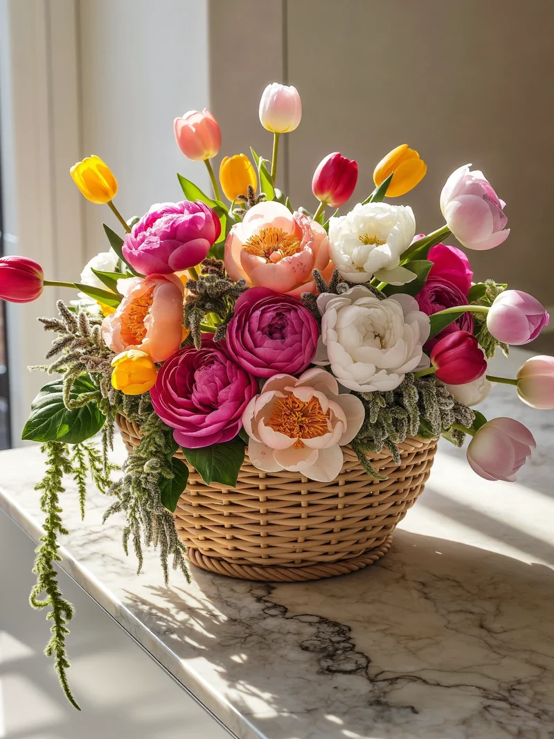 Panier en osier garni de pivoines, tulipes et verdure retombante sur un plan de pierre.
